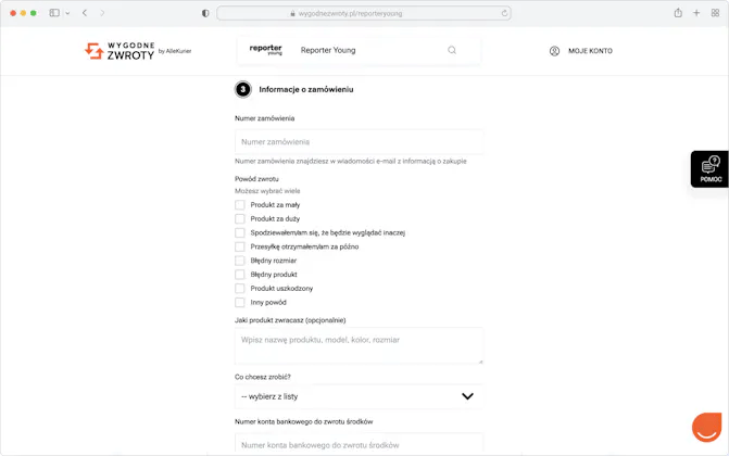 Formularz zwrotu online w usłudze Wygodne Zwroty