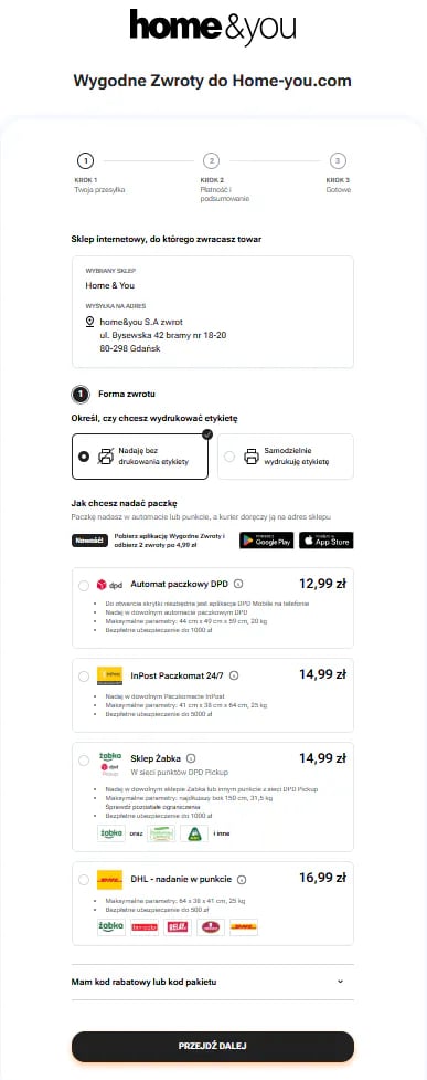Home & You - formularz zwrotu online, Wygodne Zwroty